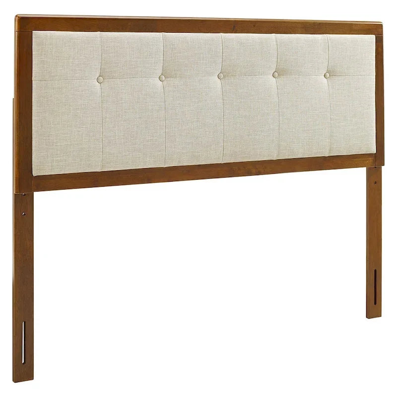 Testiera Queen trapuntata beige con bottoni, struttura in legno di noce