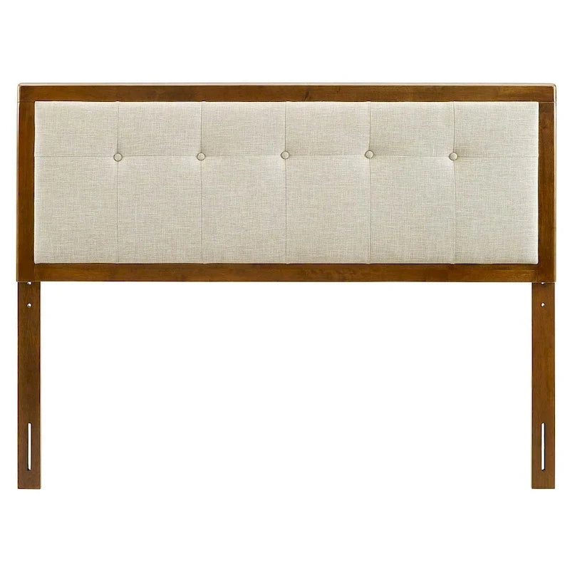 Testiera Queen trapuntata beige con bottoni, struttura in legno di noce
