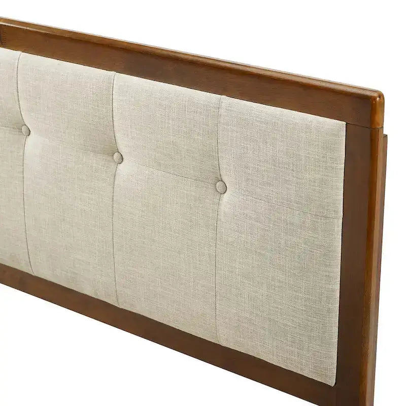 Testiera Queen trapuntata beige con bottoni, struttura in legno di noce