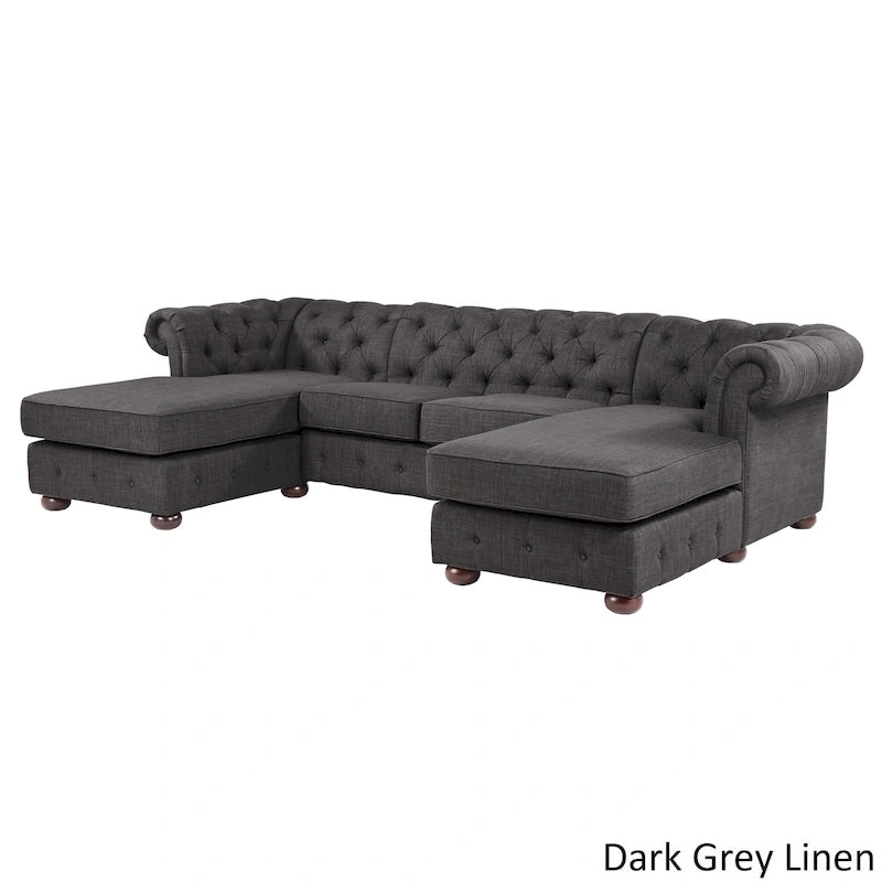Divano componibile Chesterfield a 4 posti con 2 chaise longue in lino beige/grigio scuro/grigio