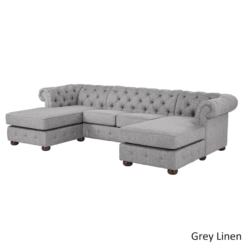 Divano componibile Chesterfield a 4 posti con 2 chaise longue in lino beige/grigio scuro/grigio