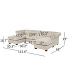 Divano componibile Chesterfield a 4 posti con 2 chaise longue in lino beige/grigio scuro/grigio