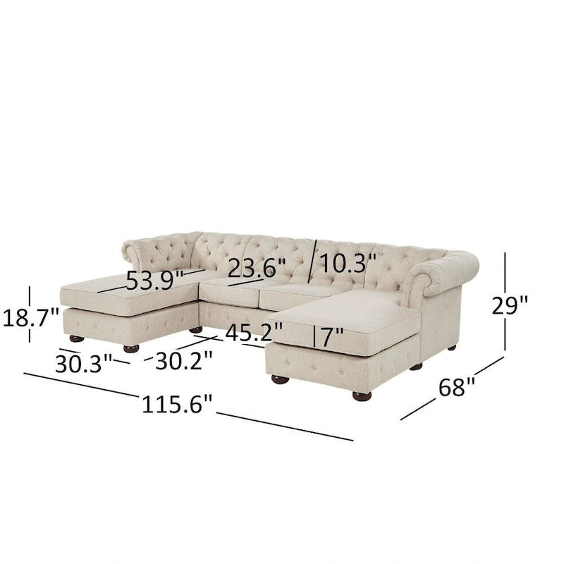 Divano componibile Chesterfield a 4 posti con 2 chaise longue in lino beige/grigio scuro/grigio