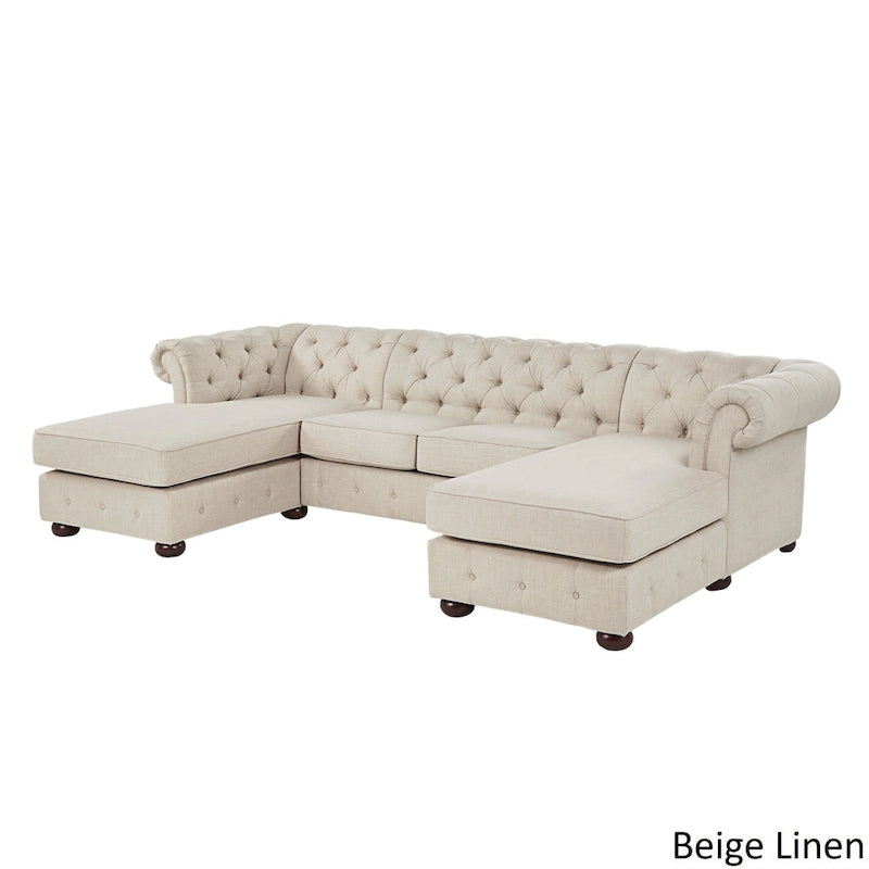 Divano componibile Chesterfield a 4 posti con 2 chaise longue in lino beige/grigio scuro/grigio