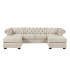Divano componibile Chesterfield a 4 posti con 2 chaise longue in lino beige/grigio scuro/grigio