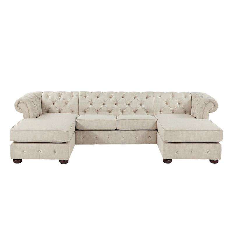 Divano componibile Chesterfield a 4 posti con 2 chaise longue in lino beige/grigio scuro/grigio