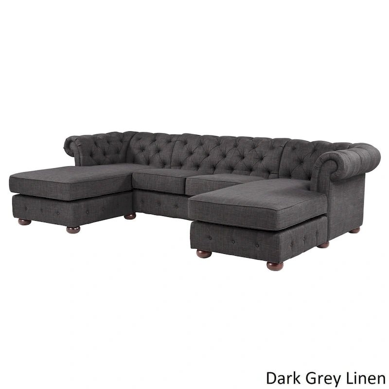 Divano componibile Chesterfield a 4 posti con 2 chaise longue in lino beige/grigio scuro/grigio