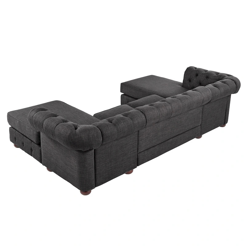 Divano componibile Chesterfield a 4 posti con 2 chaise longue in lino beige/grigio scuro/grigio