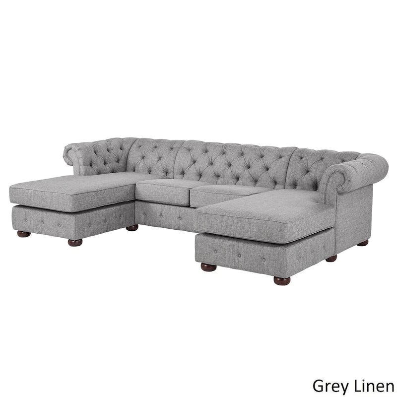 Divano componibile Chesterfield a 4 posti con 2 chaise longue in lino beige/grigio scuro/grigio