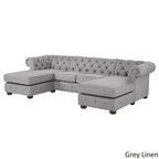 Divano componibile Chesterfield a 4 posti con 2 chaise longue in lino beige/grigio scuro/grigio