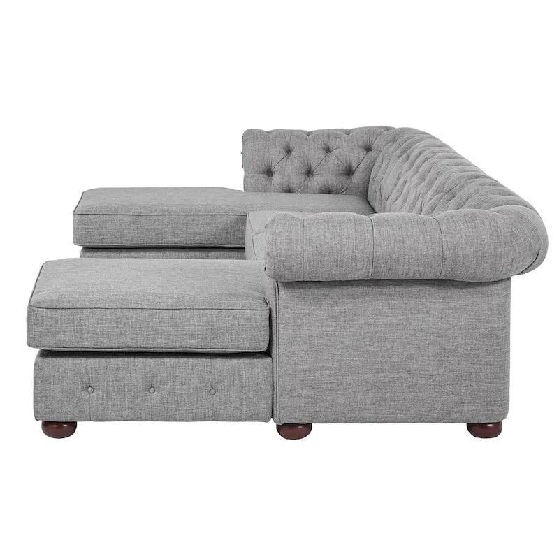 Divano componibile Chesterfield a 4 posti con 2 chaise longue in lino beige/grigio scuro/grigio
