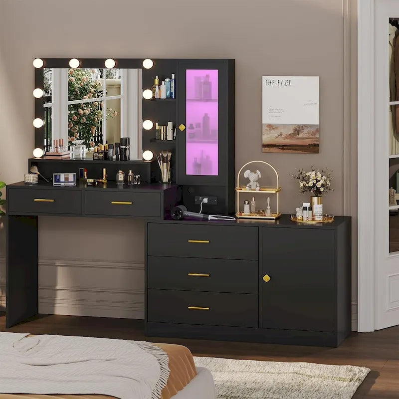 Toeletta Trucco con Specchio Illuminato, Armadietto RGB e Cassetti, Singola, Bianco/Nero