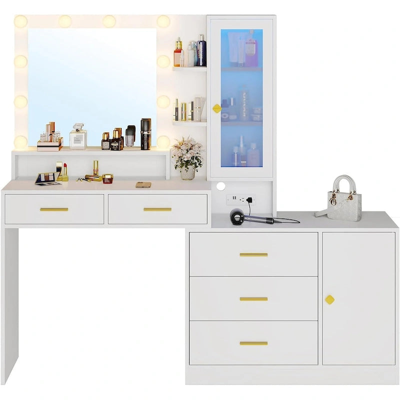 Toeletta Trucco con Specchio Illuminato, Armadietto RGB e Cassetti, Singola, Bianco/Nero
