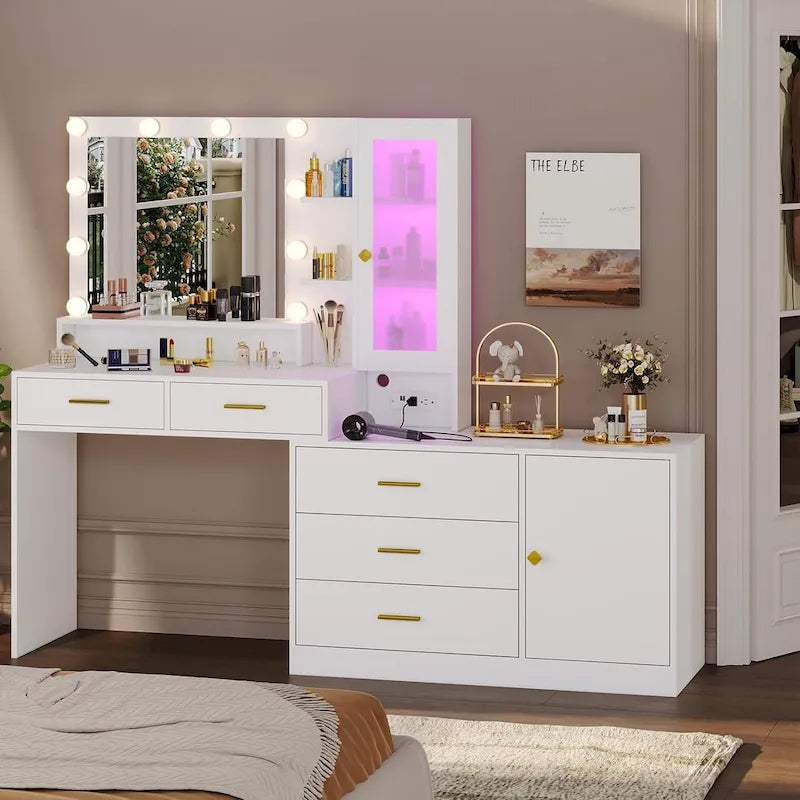 Toeletta Trucco con Specchio Illuminato, Armadietto RGB e Cassetti, Singola, Bianco/Nero