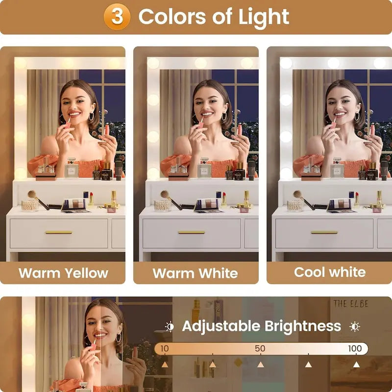 Toeletta Trucco con Specchio Illuminato, Armadietto RGB e Cassetti, Singola, Bianco/Nero