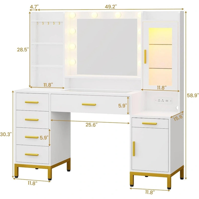Toeletta Trucco con Specchio Illuminato, Armadietto RGB e Cassetti, Singola, Bianco/Nero