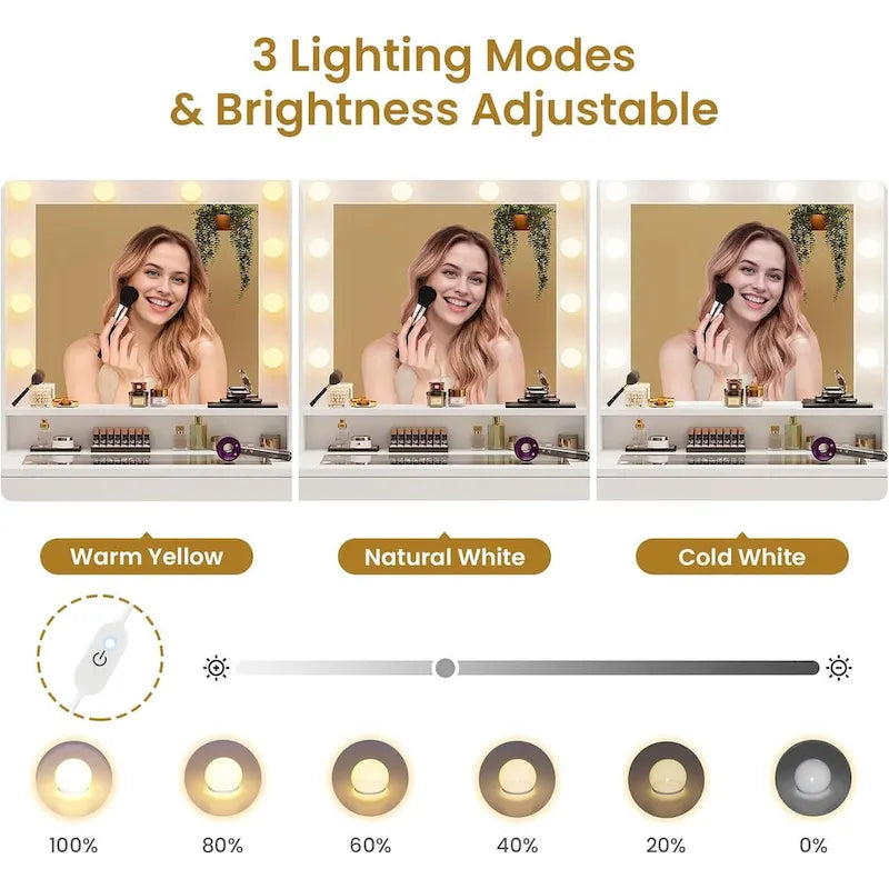 Toeletta Trucco con Specchio Illuminato, Armadietto RGB e Cassetti, Singola, Bianco/Nero