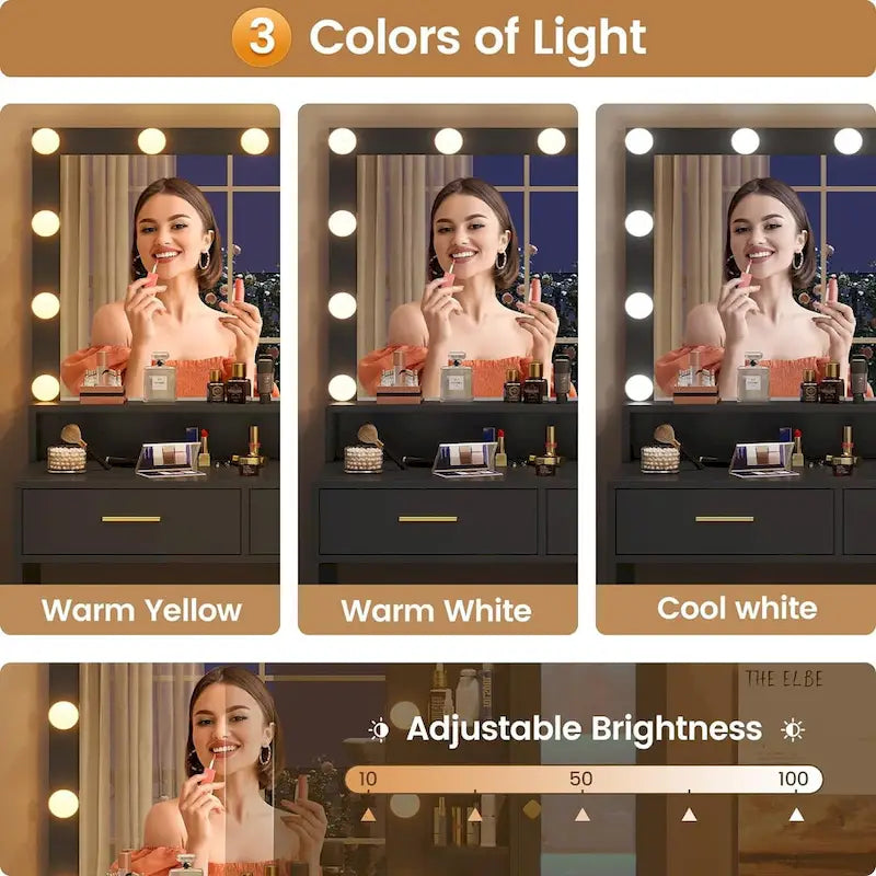 Toeletta Trucco con Specchio Illuminato, Armadietto RGB e Cassetti, Singola, Bianco/Nero
