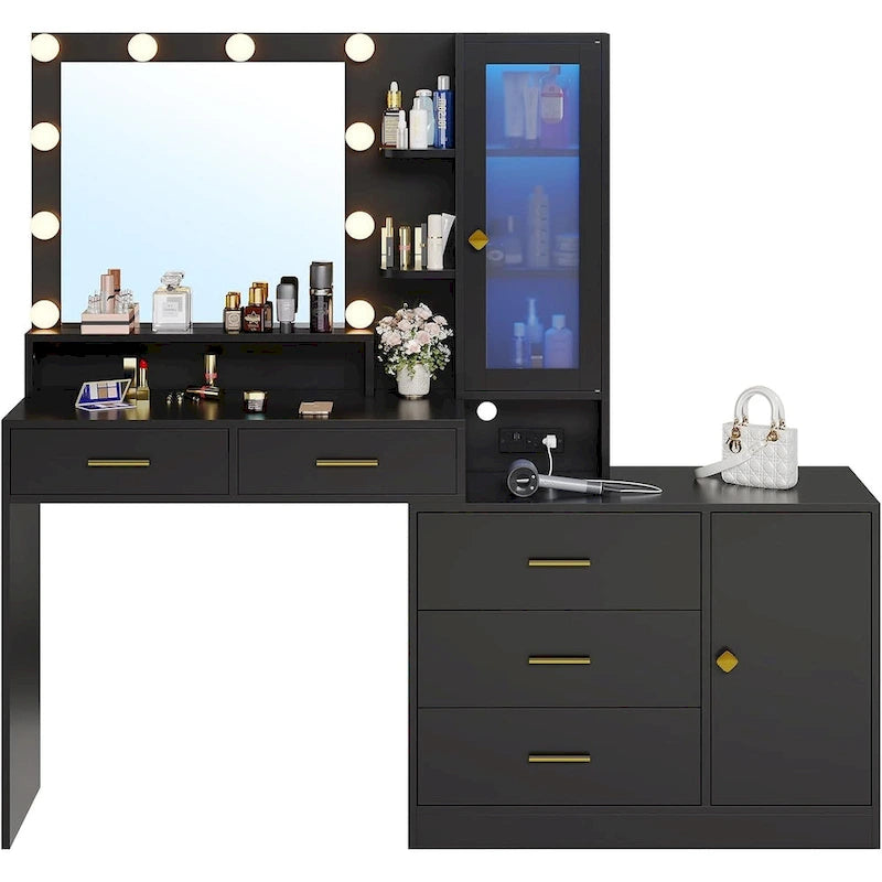 Toeletta Trucco con Specchio Illuminato, Armadietto RGB e Cassetti, Singola, Bianco/Nero