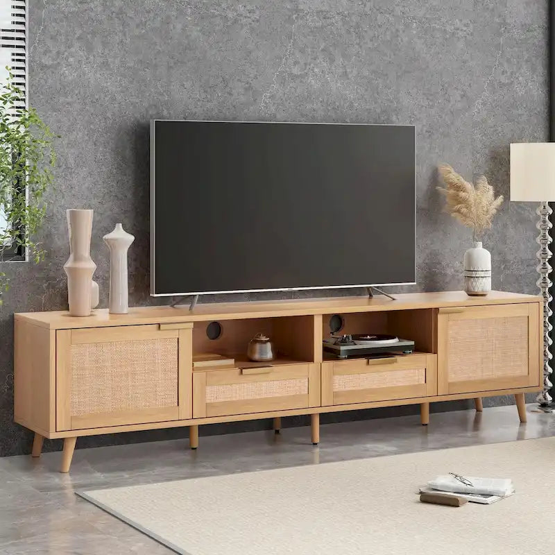 Mobile TV in Rattan Naturale, 2 Ante, Adatto per TV fino a 85"