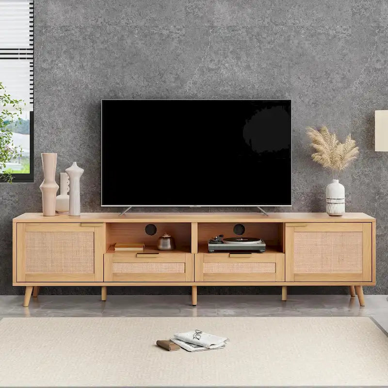 Mobile TV in Rattan Naturale, 2 Ante, Adatto per TV fino a 85"
