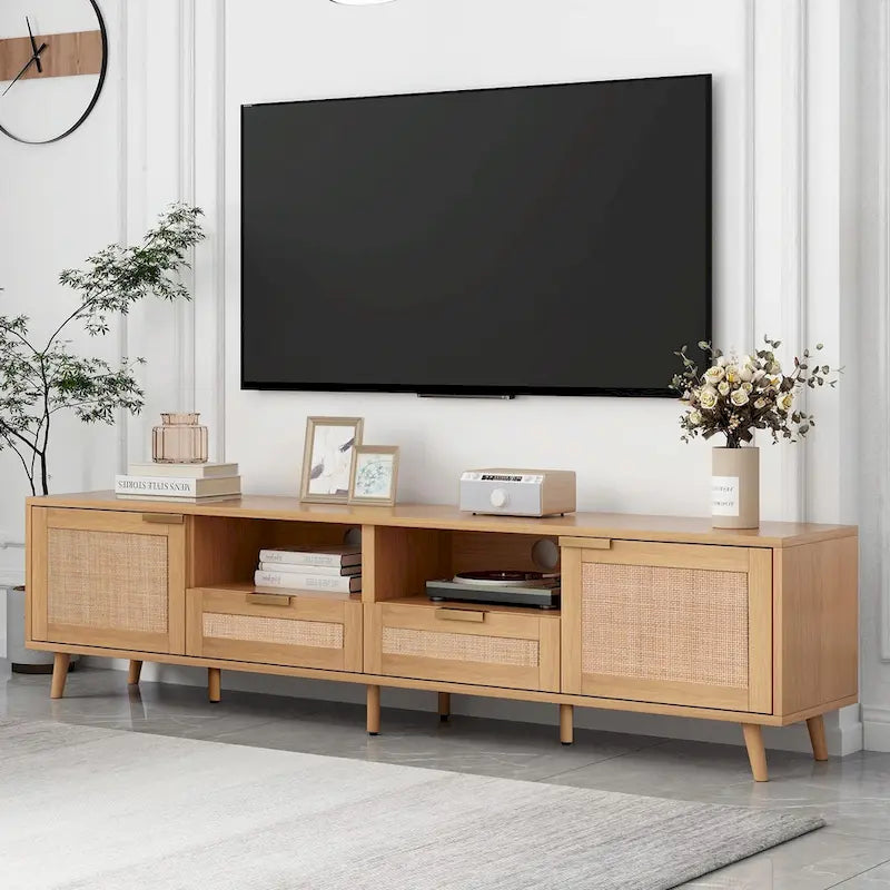 Mobile TV in Rattan Naturale, 2 Ante, Adatto per TV fino a 85"