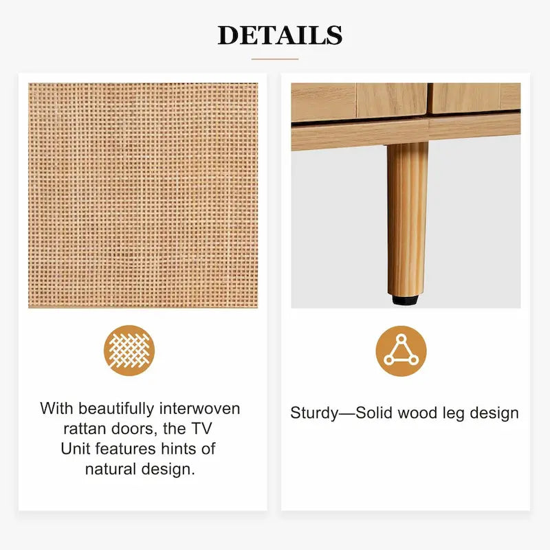 Mobile TV in Rattan Naturale, 2 Ante, Adatto per TV fino a 85"