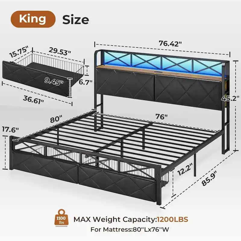 Letto a piattaforma imbottito nero con luci LED e contenitore, King/Queen, 2 cassetti