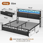 Letto a piattaforma imbottito nero con luci LED e contenitore, King/Queen, 2 cassetti