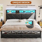 Letto a piattaforma imbottito nero con luci LED e contenitore, King/Queen, 2 cassetti