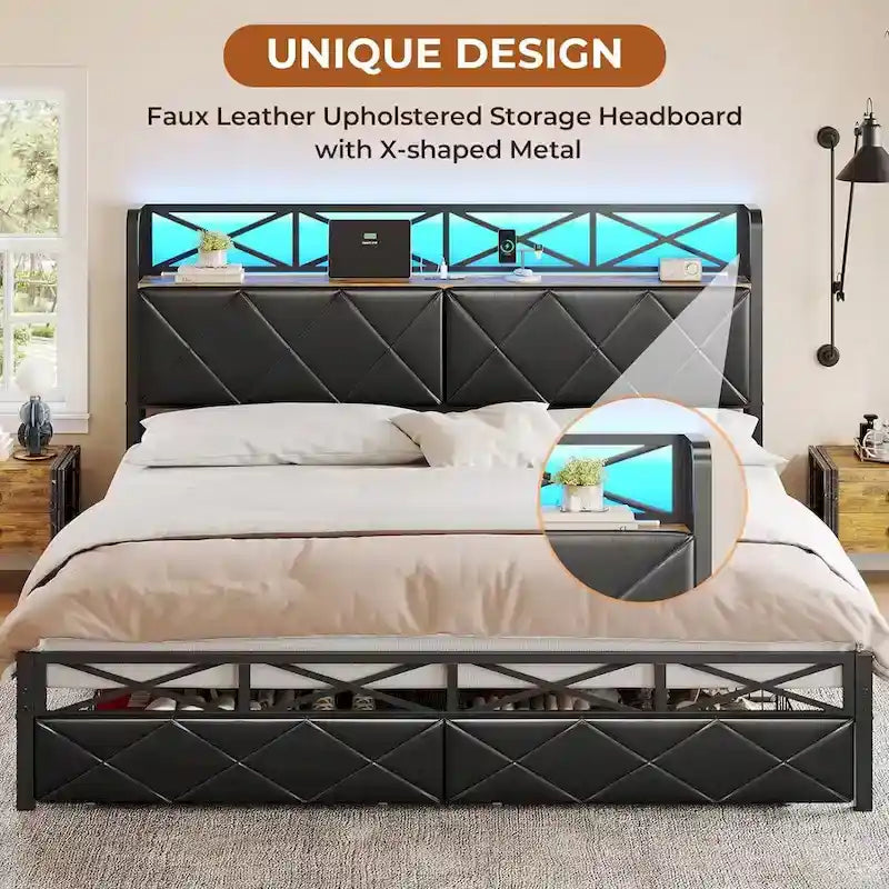 Letto a piattaforma imbottito nero con luci LED e contenitore, King/Queen, 2 cassetti