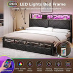 Letto a piattaforma imbottito nero con luci LED e contenitore, King/Queen, 2 cassetti