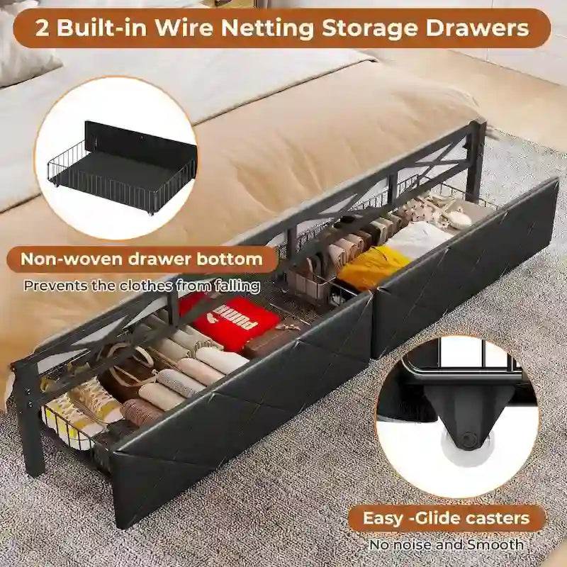 Letto a piattaforma imbottito nero con luci LED e contenitore, King/Queen, 2 cassetti