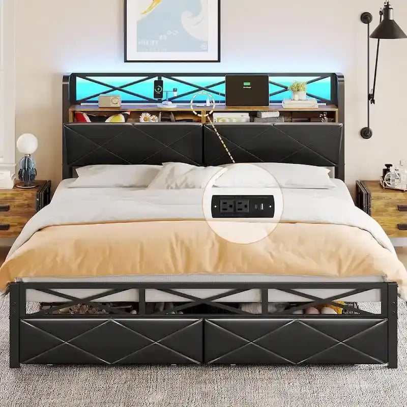 Letto a piattaforma imbottito nero con luci LED e contenitore, King/Queen, 2 cassetti