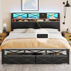 Letto a piattaforma imbottito nero con luci LED e contenitore, King/Queen, 2 cassetti