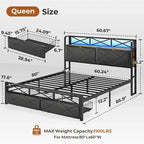 Letto a piattaforma imbottito nero con luci LED e contenitore, King/Queen, 2 cassetti