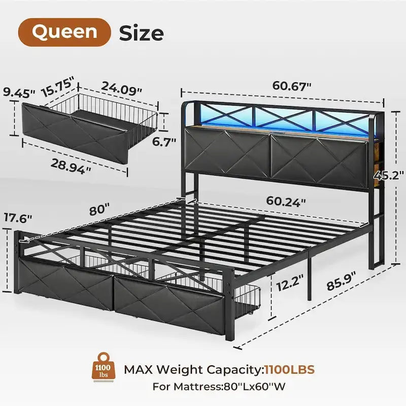 Letto a piattaforma imbottito nero con luci LED e contenitore, King/Queen, 2 cassetti