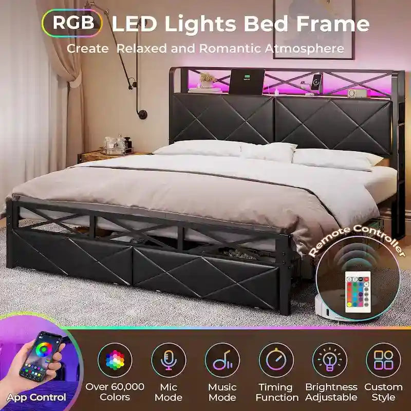Letto a piattaforma imbottito nero con luci LED e contenitore, King/Queen, 2 cassetti