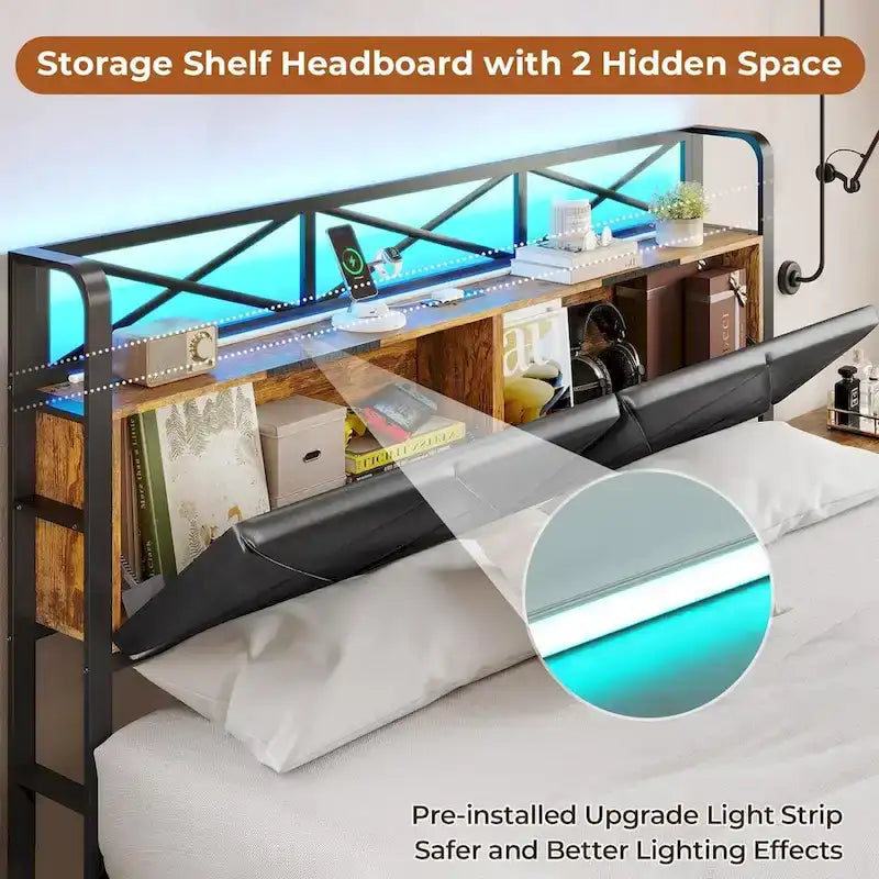 Letto a piattaforma imbottito nero con luci LED e contenitore, King/Queen, 2 cassetti