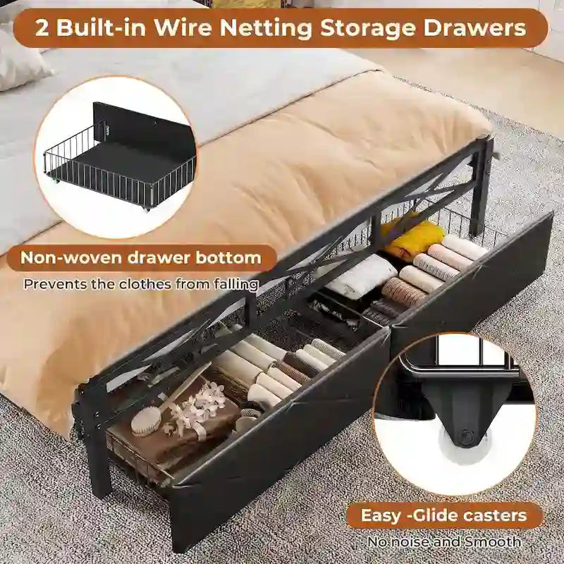Letto a piattaforma imbottito nero con luci LED e contenitore, King/Queen, 2 cassetti