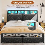 Letto a piattaforma imbottito nero con luci LED e contenitore, King/Queen, 2 cassetti