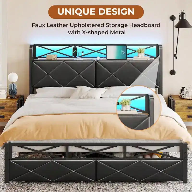 Letto a piattaforma imbottito nero con luci LED e contenitore, King/Queen, 2 cassetti