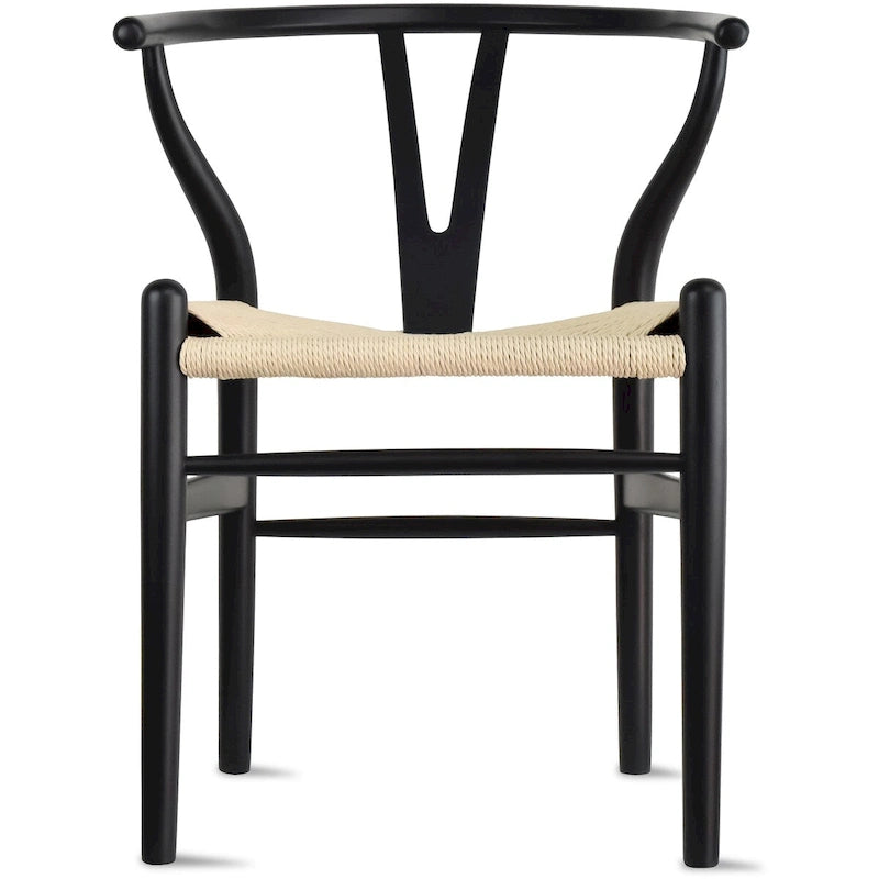 Sedia da pranzo Y-Back nera/arancione, sedile in corda di carta intrecciata, legno massello, singola