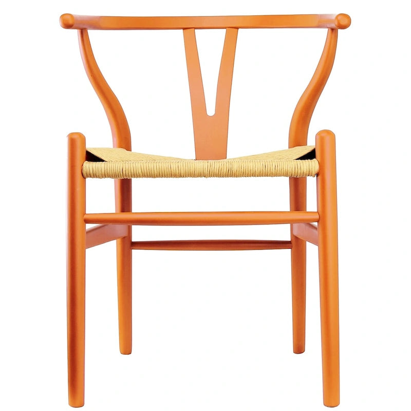 Sedia da pranzo Y-Back nera/arancione, sedile in corda di carta intrecciata, legno massello, singola