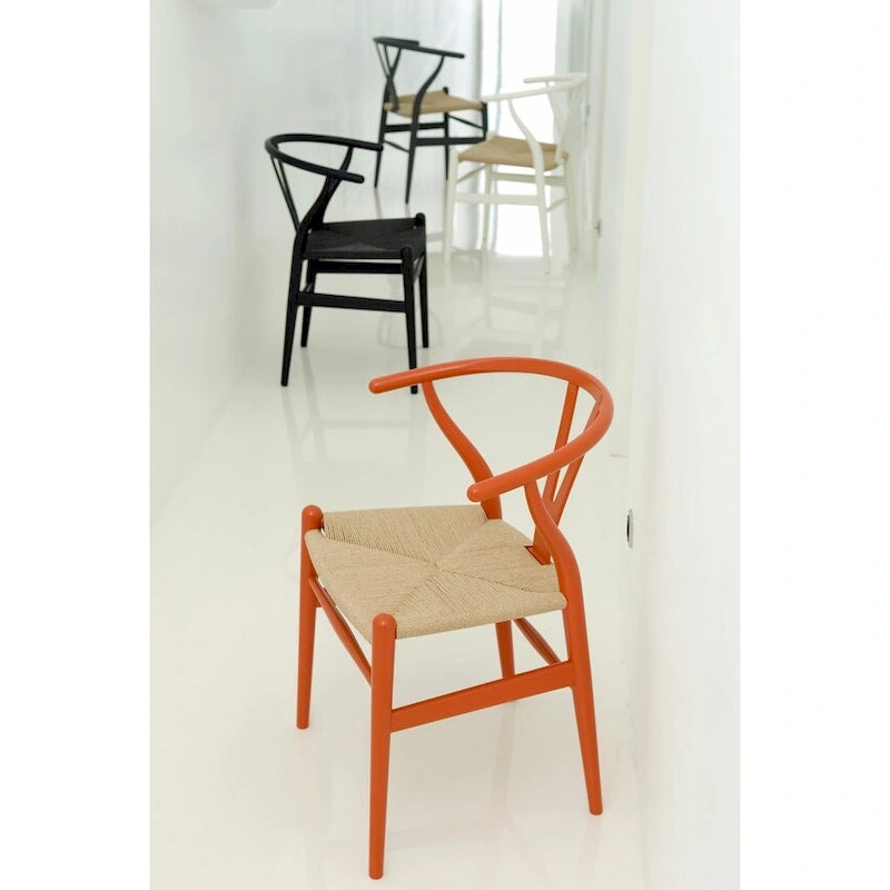 Sedia da pranzo Y-Back nera/arancione, sedile in corda di carta intrecciata, legno massello, singola