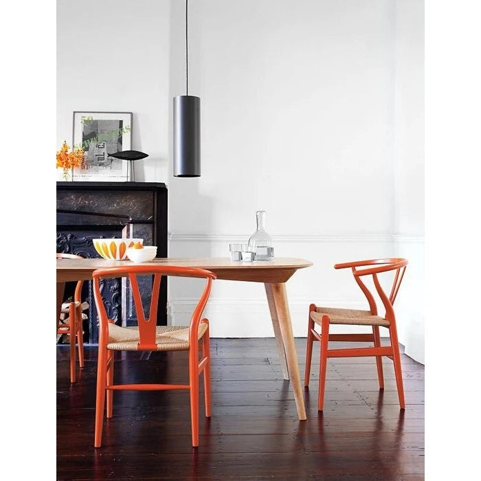 Sedia da pranzo Y-Back nera/arancione, sedile in corda di carta intrecciata, legno massello, singola