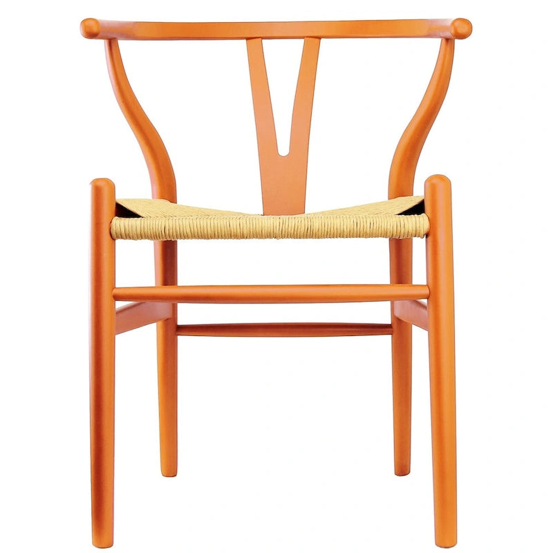 Sedia da pranzo Y-Back nera/arancione, sedile in corda di carta intrecciata, legno massello, singola