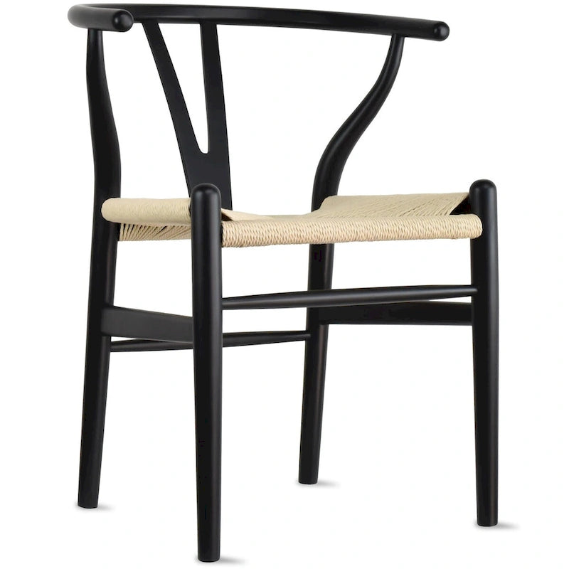 Sedia da pranzo Y-Back nera/arancione, sedile in corda di carta intrecciata, legno massello, singola