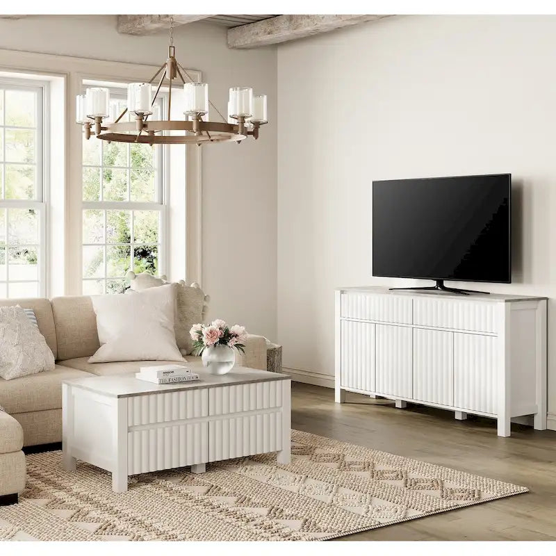 Mobile TV con piano in pietra bianco e grigio + tavolino da caffè, set di 2, stile moderno
