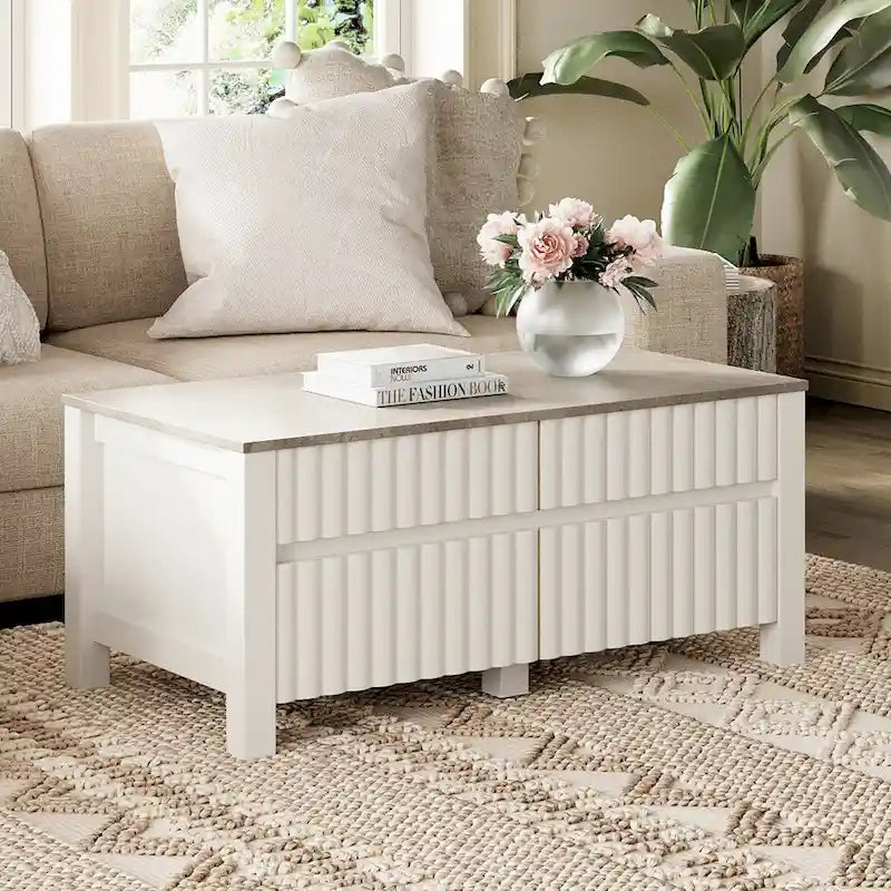 Mobile TV con piano in pietra bianco e grigio + tavolino da caffè, set di 2, stile moderno